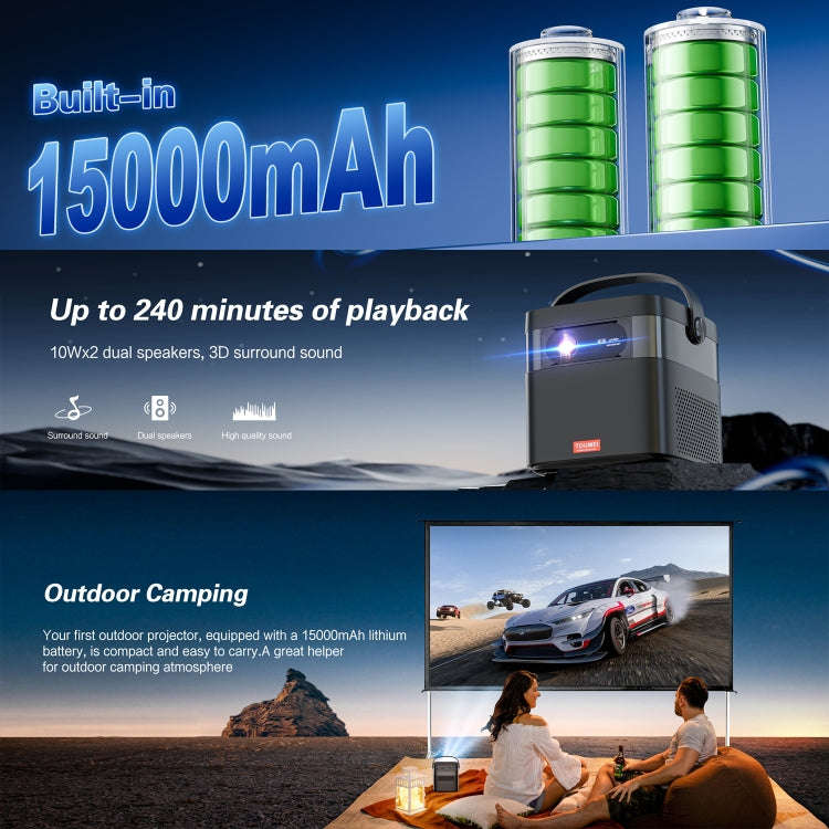 TOUMEI M2 Built-In Large Capacity Battery Outdoor Projector Handheld Portable Projection, US Plug...