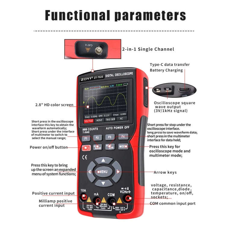 ZOYI Color Screen Multifunctional Handheld Digital Oscilloscope Multimeter, ZT702S