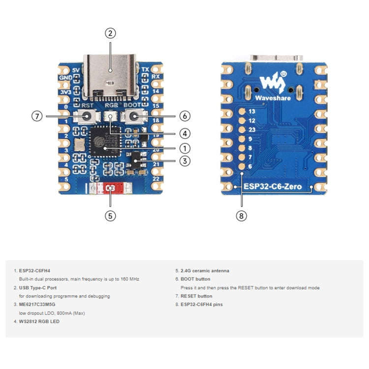Waveshare ESP32-C6 Mini WiFi 6 & Bluetooth 5 Dual Processors Development Board, Zero, Zero-M