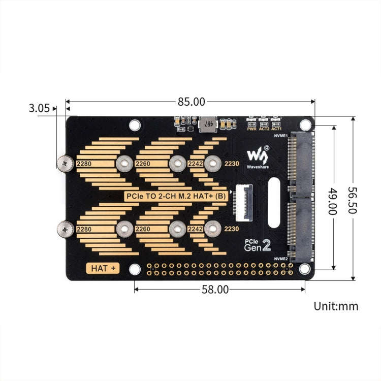 Waveshare For Raspberry Pi 5 PCIe To 2-Ch M.2 Adapter Type B NVMe Protocol, 27710
