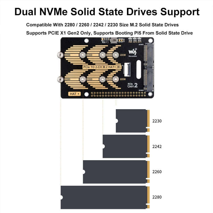 Waveshare For Raspberry Pi 5 PCIe To 2-Ch M.2 Adapter Type B NVMe Protocol, 27710