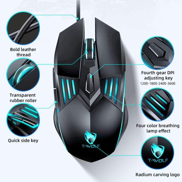 T-WOLF G560 6-keys Cool Breathing Light Gaming Wired Mouse Mechanical Office Silent Mouse