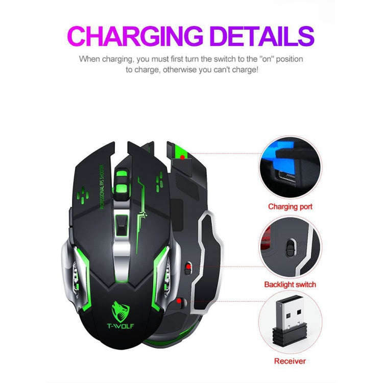 T-WOLF Q13 2.4GHz 6-keys RGB Colorful Light Gaming Wireless Mouse, Single Mode Black, Single Mode...