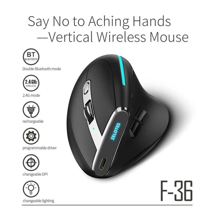 ZELOTES F36 9-Keys Vertical Grip Ergonomic Programming Dual Bluetooth + 2.4G Wireless Mouse, F36 ...