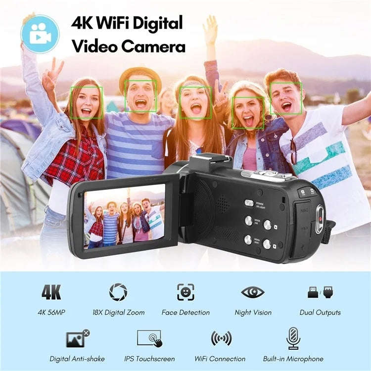 4K  Digital Video Camera 3 Inch IPS Touch Screen 56MP 18X Digital Zoom WiFi Camcorder, Standard, ...