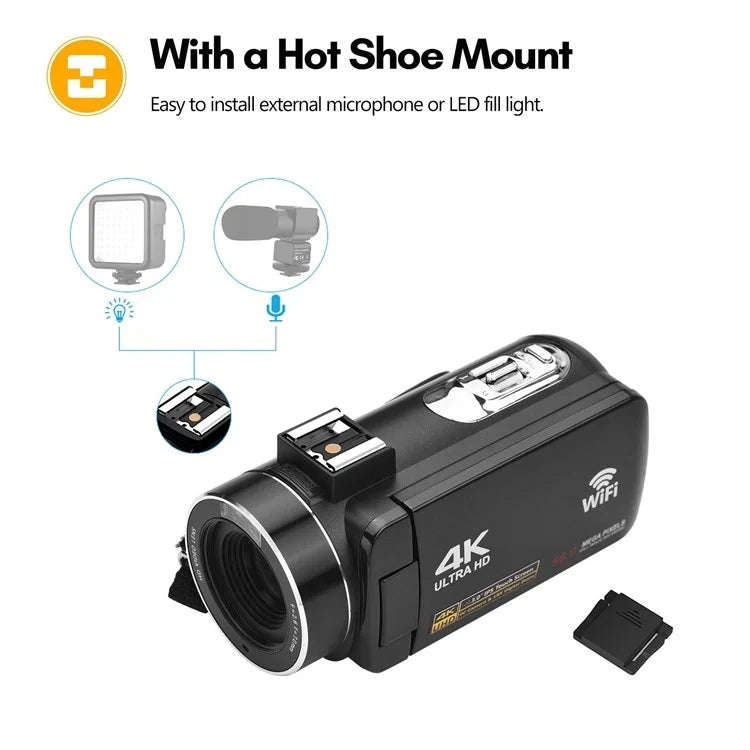 4K  Digital Video Camera 3 Inch IPS Touch Screen 56MP 18X Digital Zoom WiFi Camcorder, Standard, ...
