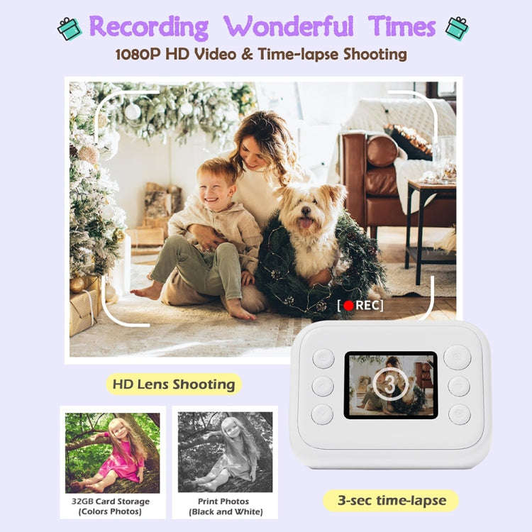 2.0-Inch LED Flash 1080P HD Recording Photo Printing Camera With 3-Rolls Paper, White, White+32G,...