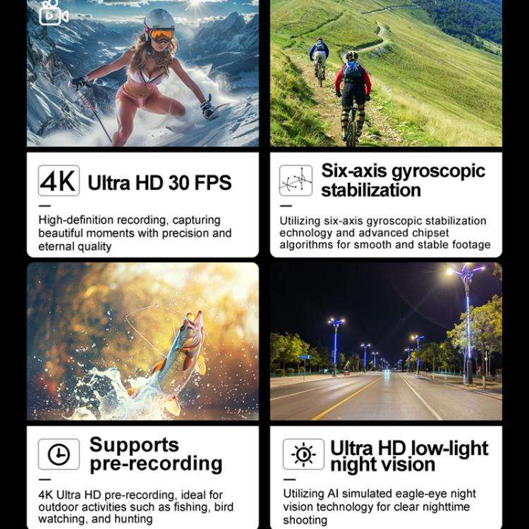 4K HD Anti-Shake Waterproof Motorcycle Riding Recorder Chest Head Mounted Diving Thumb Camera, SO...