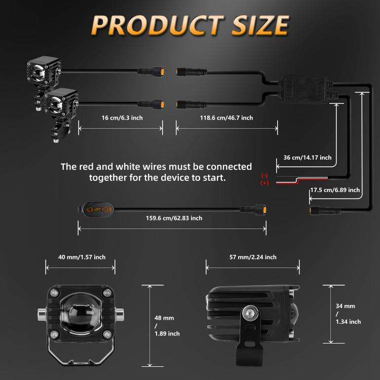 40W Motorcycle Wired Switch Integrated Waterproof Demon Eye Spotlight, Orange Light