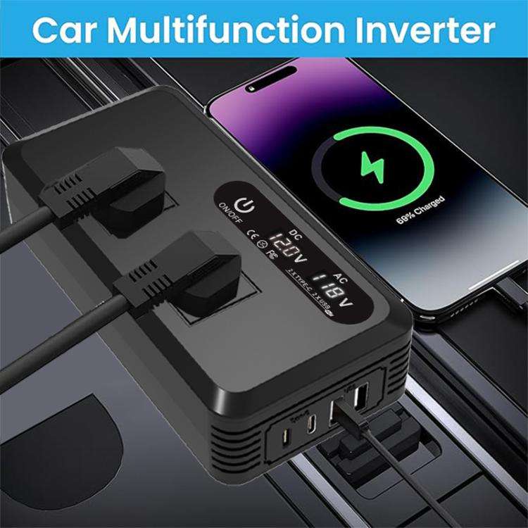Gurxun Dual Digital Display Car Inverter With 2 USB+2 Type-C Ports, Universal Plug 220V, Universa...