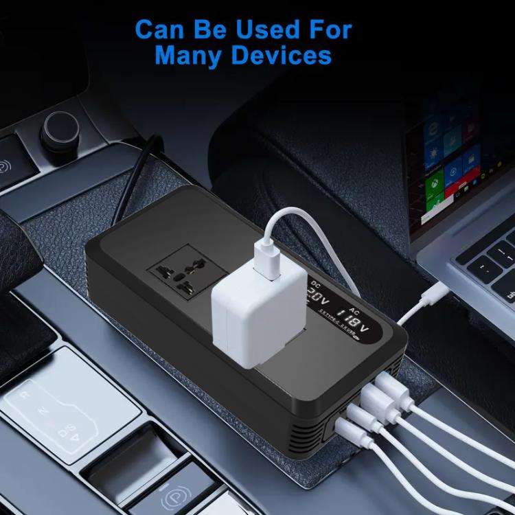 Gurxun Dual Digital Display Car Inverter With 2 USB+2 Type-C Ports, Universal Plug 220V, Universa...