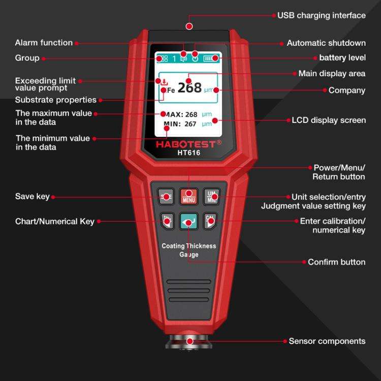 HABOTEST HT616 Car Paint Tester Paint Coating Thickness Gauge, HT616