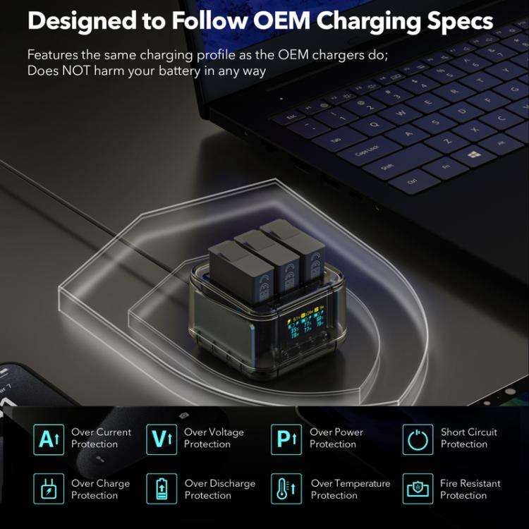 For GoPro HERO13 Black Super Fast Charger Dock Battery Charging Station With OLED Screen Display