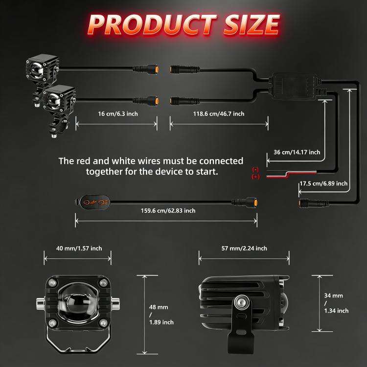 40W Motorcycle Wired Switch Integrated Waterproof Demon Eye Spotlight, Red Light