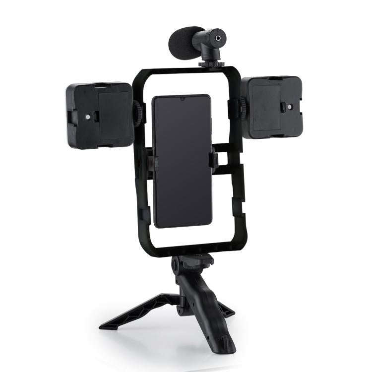 Smartphone Cage Stabilizer with Microphone & LED Fill Light - Anti-Shake Handheld Gimbal for Vlog...