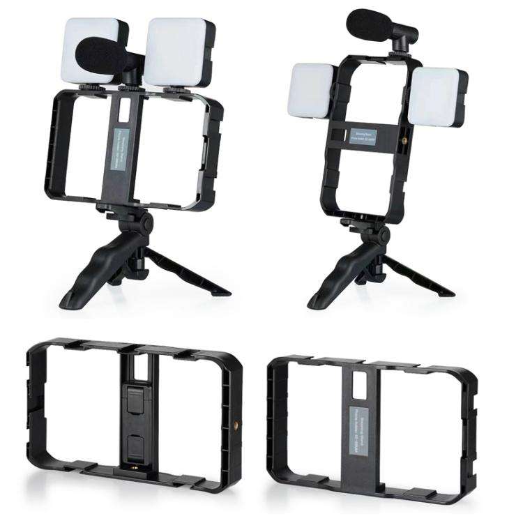 Smartphone Cage Stabilizer with Microphone & LED Fill Light - Anti-Shake Handheld Gimbal for Vlog...