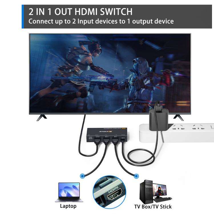 2 In 1 Out HDMI Two-Way Switch 8K 60Hz HD Computer TV Video Splitter, SW21