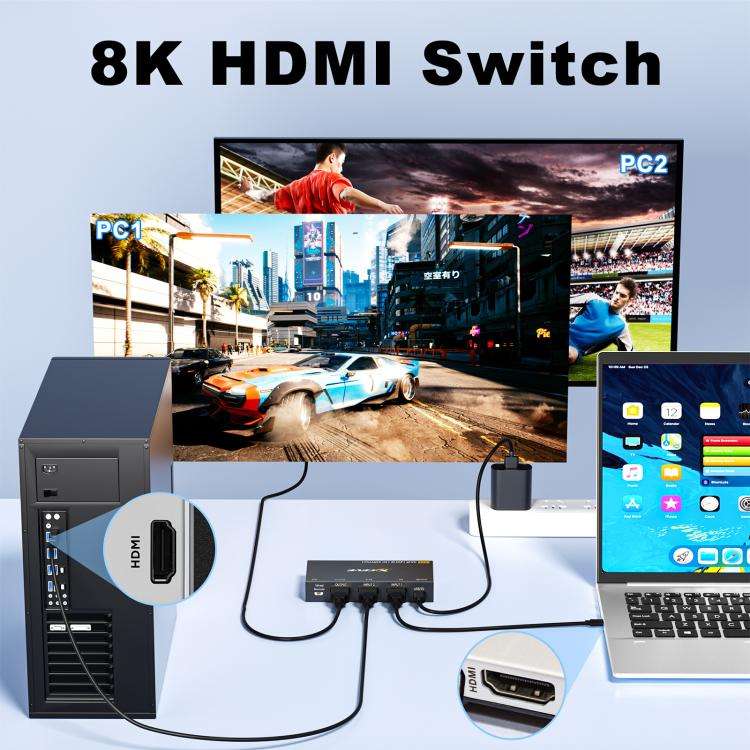 2 In 1 Out HDMI Two-Way Switch 8K 60Hz HD Computer TV Video Splitter, SW21