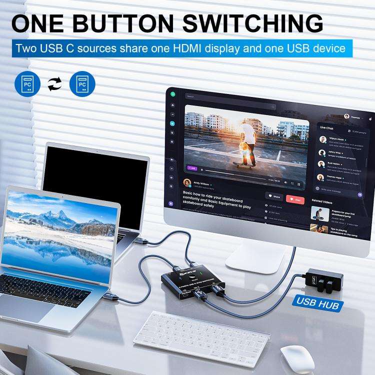 KCEVE KC-C201H 2 Type-C Input 1 Output KVM Switch Support 4K 60Hz, KC-C201H