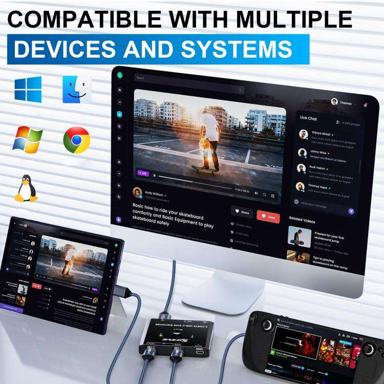 KCEVE KC-C201H 2 Type-C Input 1 Output KVM Switch Support 4K 60Hz, KC-C201H