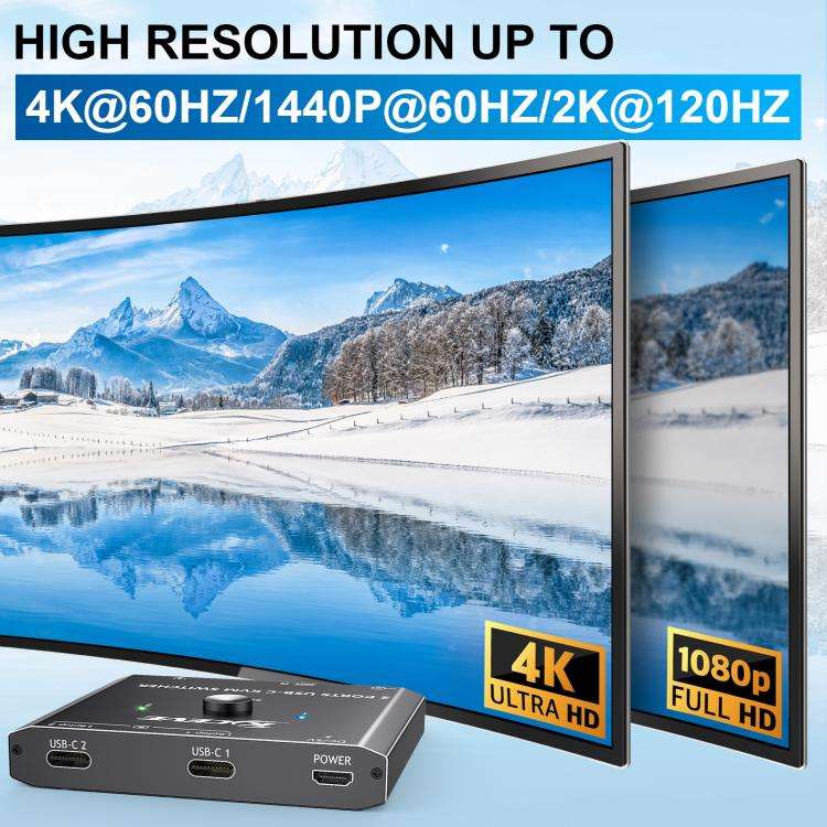 KCEVE KC-C201H 2 Type-C Input 1 Output KVM Switch Support 4K 60Hz, KC-C201H