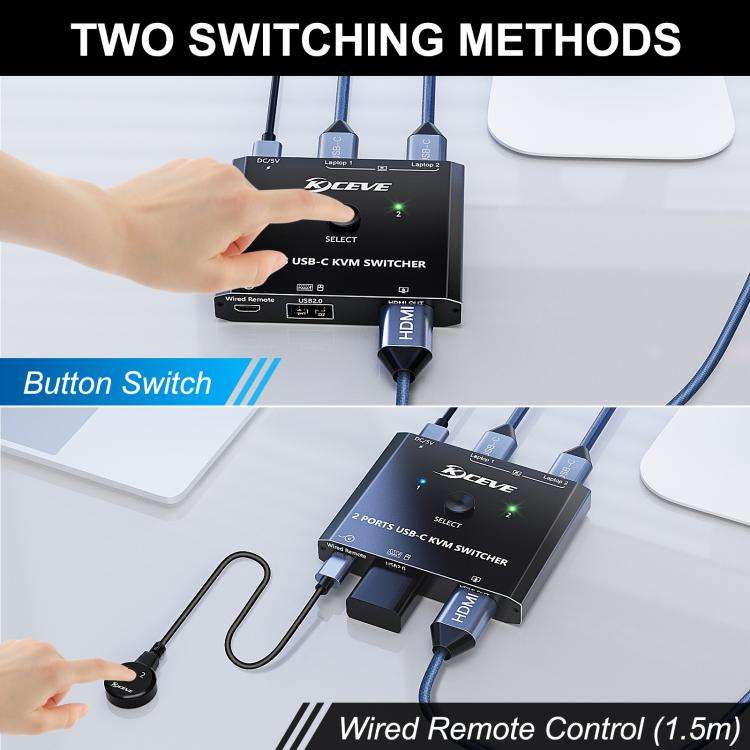 KCEVE KC-C201H 2 Type-C Input 1 Output KVM Switch Support 4K 60Hz, KC-C201H