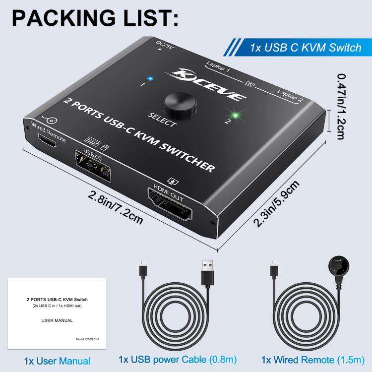 KCEVE KC-C201H 2 Type-C Input 1 Output KVM Switch Support 4K 60Hz, KC-C201H