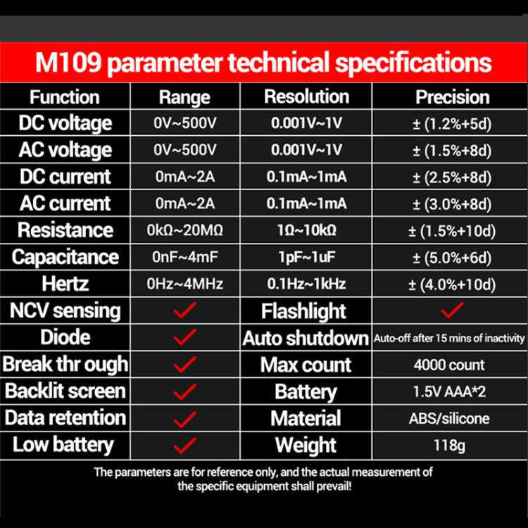 ANENG M109 Digital Multimeter With Voice Guide 4000 Counts, NCV Detection, Capacitance/Resistance...