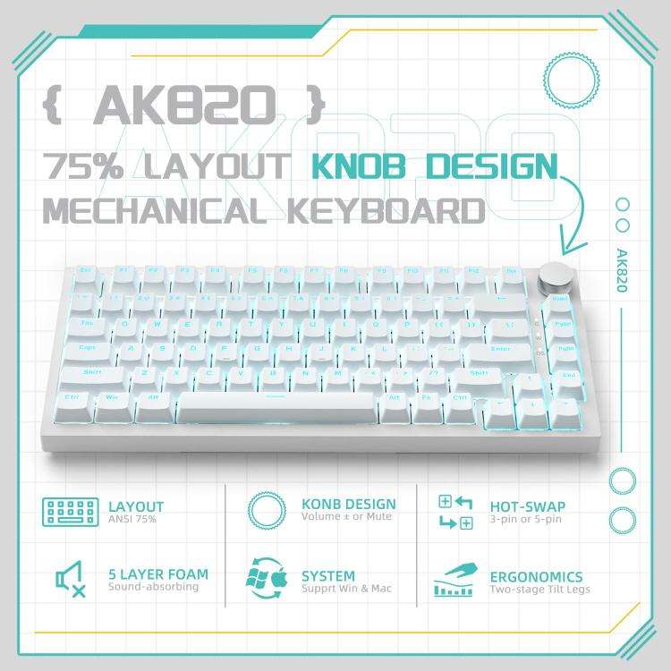 Ajazz AK820 Hot Swappable Wired Mechanical Keyboard With Light, Green Switch Ice Blue Light White...