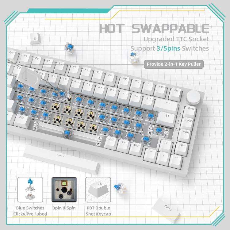 Ajazz AK820 Hot Swappable Wired Mechanical Keyboard With Light, Green Switch Ice Blue Light White...