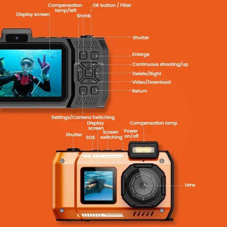 D50 IP68 Waterproof Dual-Screen Selfie Camera HD Outdoor & Underwater Camera