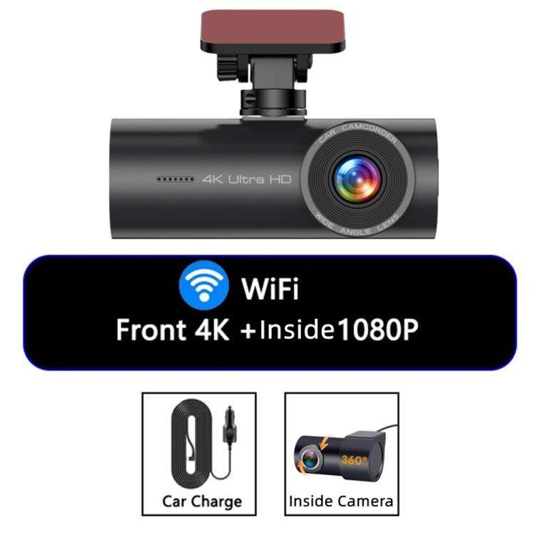 4K Smartphone Connected WiFi High-Definition Dual-Recording Car Dash Cam, Front+Inside, Front+Ins...