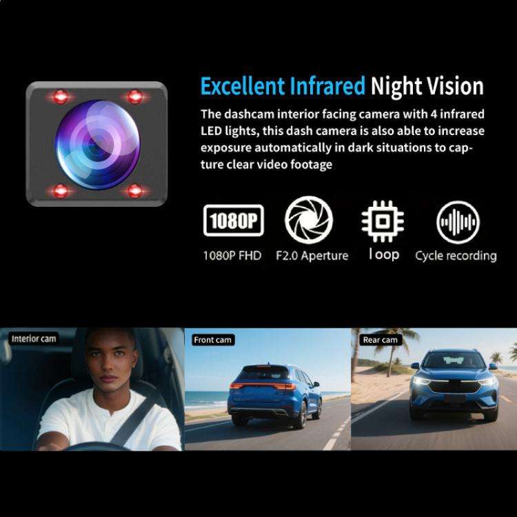 3.16-inch HD 1080P Infrared Night Vision Car DVR, Front + Interior (No Wi-Fi), Front + Interior +...