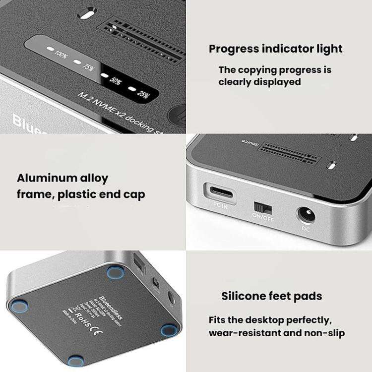 Blueendless SD08 Dual-Bay NVMe SSD Enclosure M.2 Offline Cloning Device 20Gbps High-Speed Solid-S...