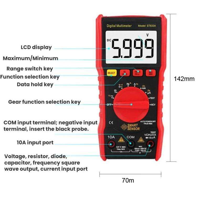 SMART SENSOR High-Precision Multifunctional Portable Automatic Digital Multimeter, ST833A
