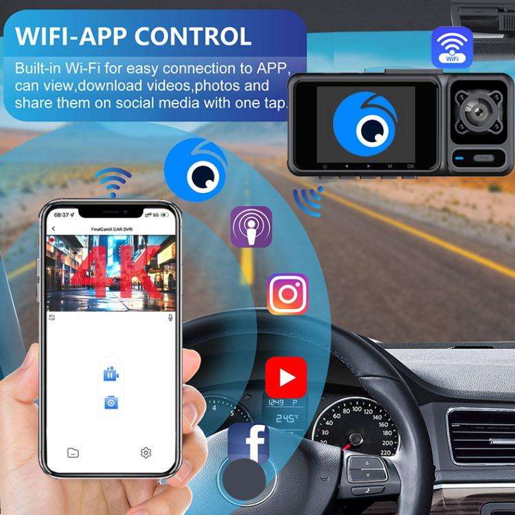 2-Inch WIFI Mobile Phone Playback 4K HD Night Vision Dashcam, Front+Interior, Front+Interior+Rear...