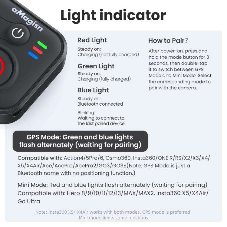 aMagisn Bluetooth Remote Controller 3.0 Universal Version For Insta360, GoPro Hero, Android/ios S...