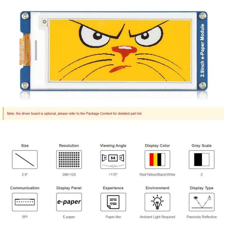 WAVESHARE 2.9inch E-Paper Display  E-Ink Display, 296x128, Red/Yellow/Black/White, SPI Interface,...