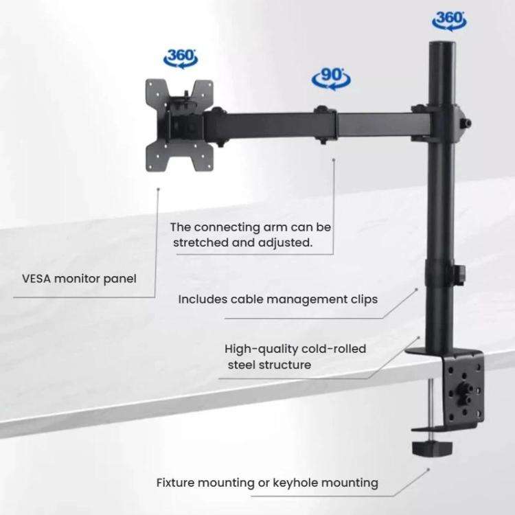 Desk Clamp Monitor Stand with Telescopic Arm, 40cm Height-Adjustable Pole Mount for Computer Scre...
