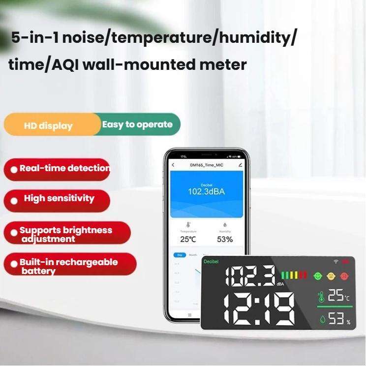 Tuya Smart 5-in-1 Wall-Mounted Noise Decibel Meter With Temperature, Humidity and Time Display, B...