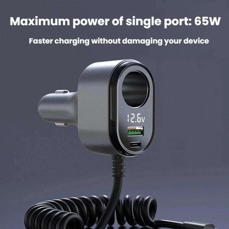 120W Car Cigarette Lighter With Voltage Display Car Phone Charger With Spring Cable, GE09