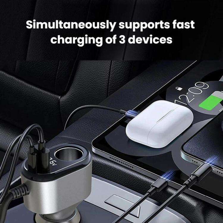 120W Car Cigarette Lighter With Voltage Display Car Phone Charger With Spring Cable, GE09