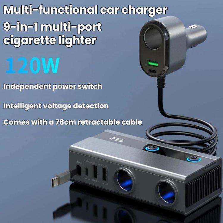 1 To 9 Car Cigarette Lighter With Independent Switches Voltage Display & Retractable Cable Car Ch...