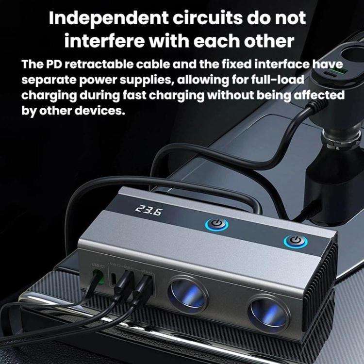 1 To 9 Car Cigarette Lighter With Independent Switches Voltage Display & Retractable Cable Car Ch...