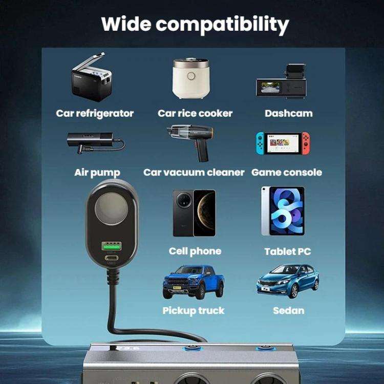 1 To 9 Car Cigarette Lighter With Independent Switches Voltage Display & Retractable Cable Car Ch...