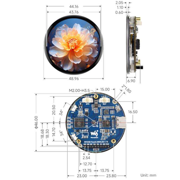 WAVESHARE RP2350 1.75-Inch AMOLED Screen Development Board, Without Case, With Case, With GPS