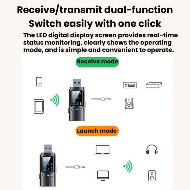 GT72 Bluetooth 5.4 Audio Adapter With Digital Display Portable Receiver & Transmitter, GT72