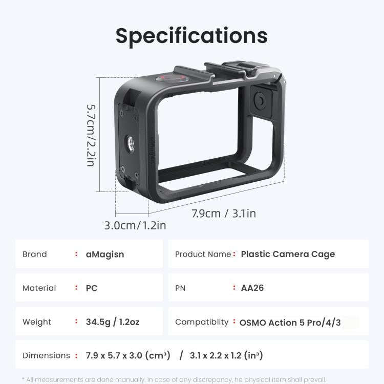 aMagisn PC Material Camera Cage for DJI Action 5 Pro / 4 / 3 with Quick Release Vertical/Horizont...