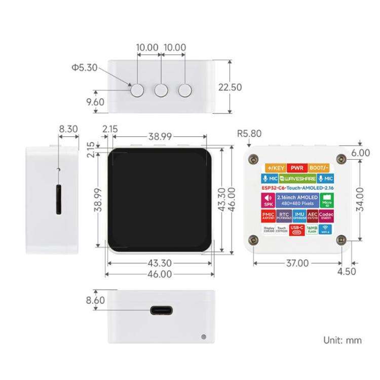 Waveshare 34201 ESP32-C6 2.16 Inch AMOLED Display Touch Screen Development Board Supports Dual Mi...