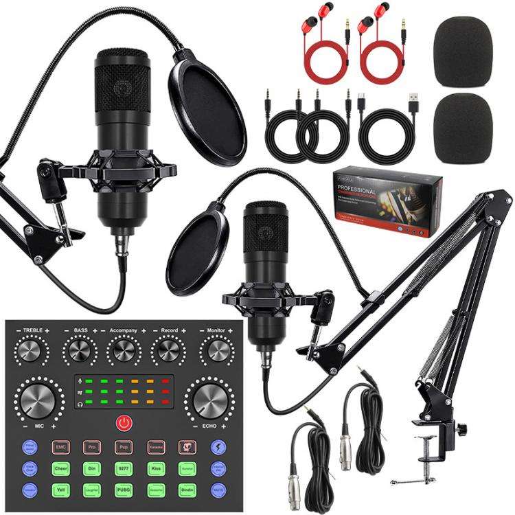 Dual BM800 Condenser Microphone with V8S Live Sound Card Kit Podcast Equipment Bundle Adjustable ...